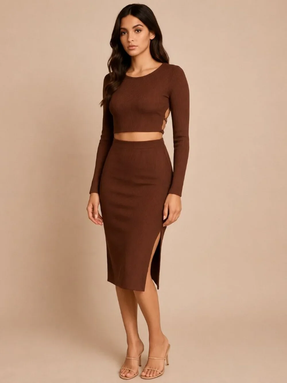 SolyHux Brown Ribbed Two-Piece Skirt Set Open Back Long Sleeve Outfit